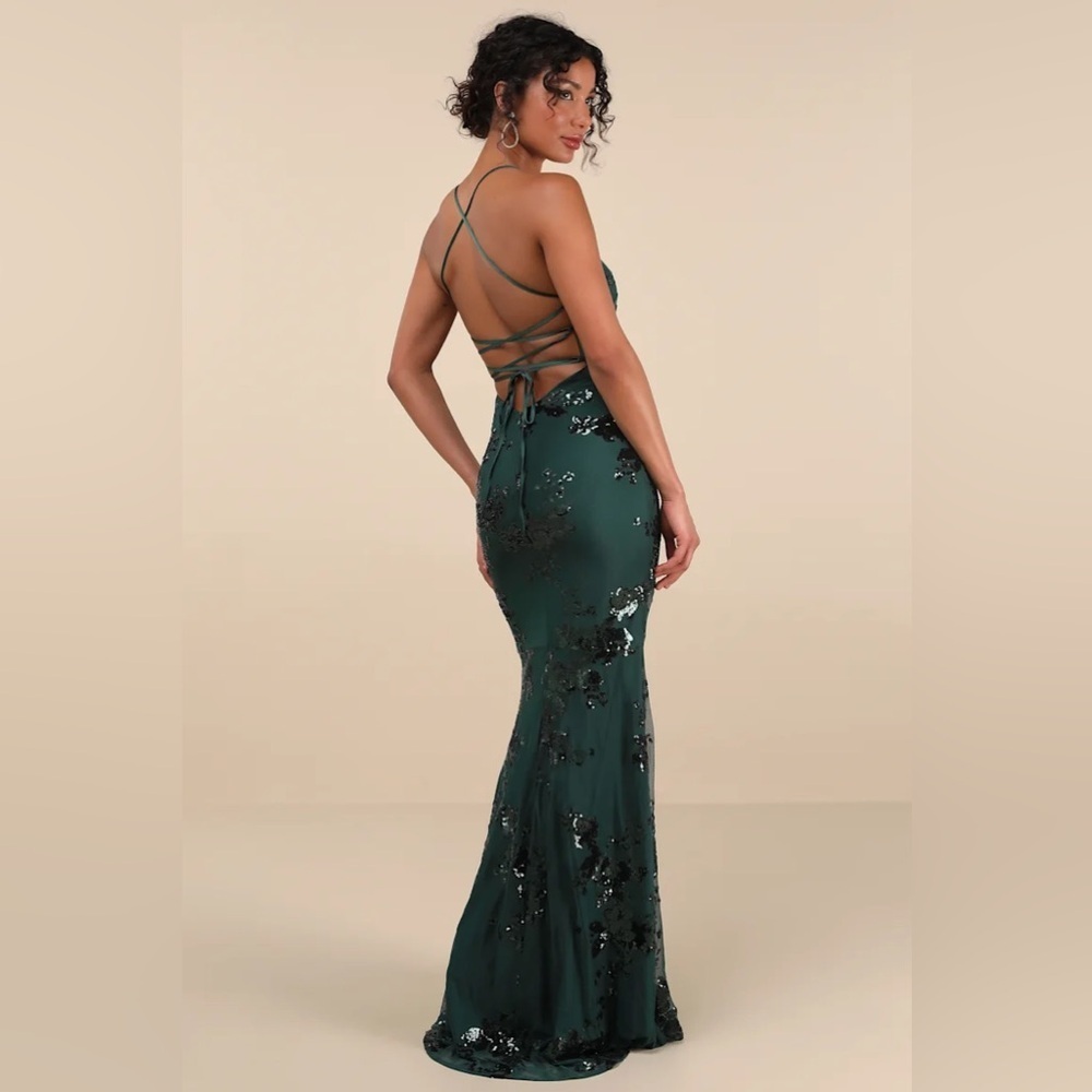 Lulus Valhalla Forest Green Sequin Lace-Up Maxi Dress - Picture 3 of 7